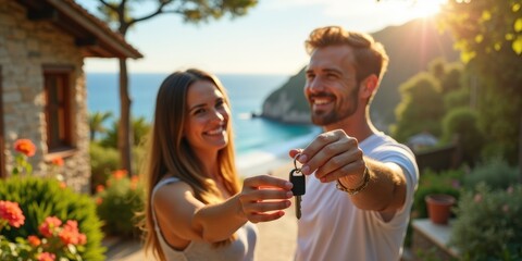 Obraz premium Love couple vacation house key in hands. Rent house, buy house ideas.