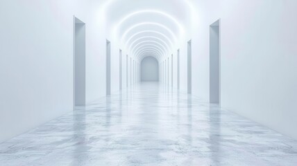 Obraz premium A serene, modern corridor with white walls and doors, featuring an illuminated archway that creates a tranquil atmosphere.