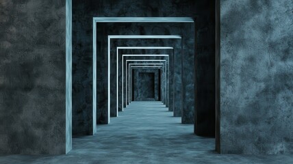 A futuristic hallway featuring multiple illuminated doorways in a textured, concrete setting, creating an illusion of depth and perspective.