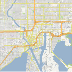 Map of Tampa in Florida in a normal road map style. Contains layered vector with roads water, parks, etc.