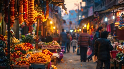 Naklejka premium Tihar Festive Market at Dusk with Marigold Garlands and Shoppers in Warm Golden Light