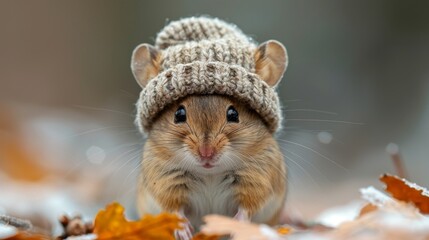 cute little house brown pet mouse in knitted hat