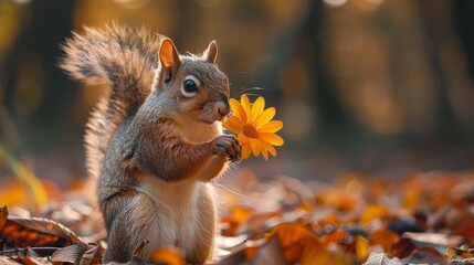 cute squirrel holds flower