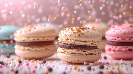 Fototapeta premium falling Colorful Macarons on Pastel Background --ar 16:9 --style raw --stylize 750 Job ID: 22e54131-12c0-4b92-8aa7-386fbd611671