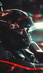 Fototapeta premium race car driver sitting in sportcar before first lap in safety sport helmet, formula one racing competition concept