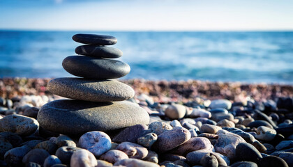 A stack of zen stones balanced on a pebble beach, embodying tranquility and harmony with nature, creating a serene and calming atmosphere.