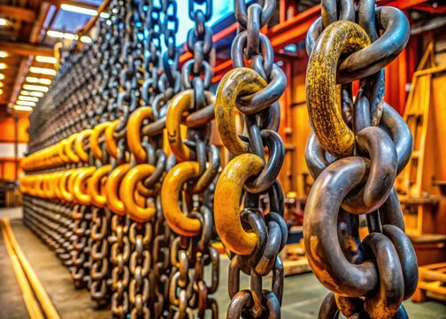 Heavy-duty chain slings used in industrial settings for lifting and securing heavy equipment safely