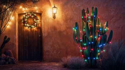 Christmas lights in front of southwestern adobe house at night