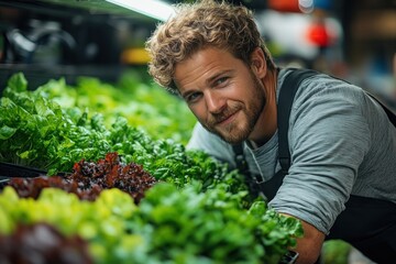 A young man with curly hair is working in a grocery store, standing behind a display of fresh produce. He is looking directly at the camera with a friendly smile.