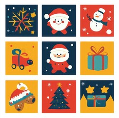 Fototapeta premium colorful, flat illustrations featuring Christmas symbols like a Santa Claus hat and a gingerbread man in playful poses, cheerful and suitable for children's wall art or t-shirt printing.