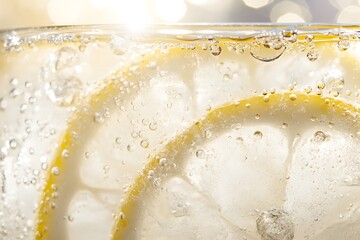 Close-up of a glass of fresh lemonade with condensation, with copy space. Bright summer light. Outdoor table background.