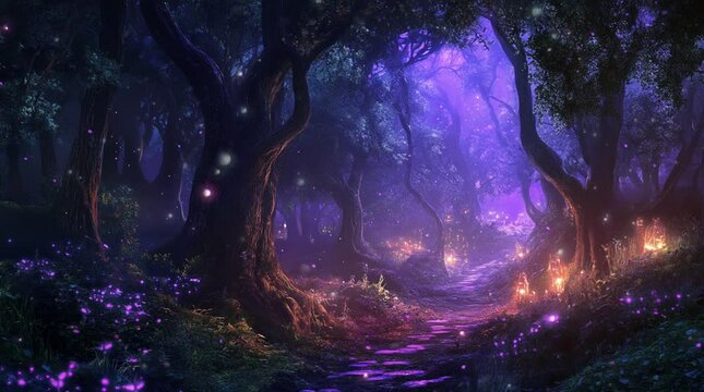 Enchanting glowing forest illuminated by moonlight creating a magical fantasy atmosphere.
 Seamless looping 4k time-lapse virtual video animation Generated AI
