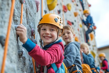 Group of children in a rock-climbing session, learning to scale a climbing wall with safety gear