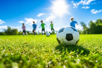 Group of children in a soccer practice, kicking balls on a green field with bright, sunny weather