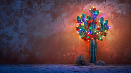 cactus with Christmas decorations in front of an adobe wall with space for copy