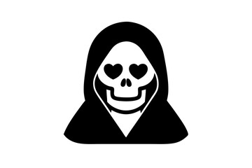 Cartoon Grim Reaper death Halloween emoji. October horror holiday human creepy skull in black hood and red hearts eyes personage sticker, Halloween holiday death funny emoji isolated vector icon