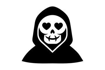 Cartoon Grim Reaper death Halloween emoji. October horror holiday human creepy skull in black hood and red hearts eyes personage sticker, Halloween holiday death funny emoji isolated vector icon