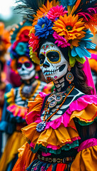 Day of the Dead Parade: dynamic shots of vibrant parades with floats, skeleton figures, people in full make-up and traditional dance performances