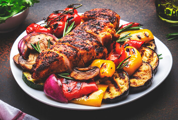 Grill lunch. Chicken, vegetables, mushrooms and grilled bread on a plate. Brown background, top view