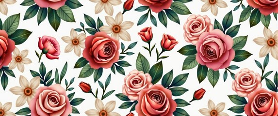 Elegant Seamless Floral Pattern: Roses, Peonies, Daisies, and Lilies in Digital Art