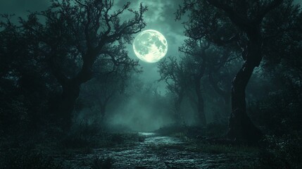 Fototapeta premium Background with night forest and full moon.