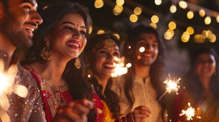 Obraz premium Deepavali Celebration Outdoors with Family and Friends Holding Sparklers Under Night Sky