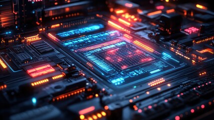 Obraz premium A close-up view of a futuristic circuit board with glowing lights and intricate details.