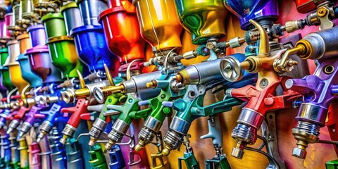 High-quality wallpaper featuring a collection of professional spray guns for painting and coatings