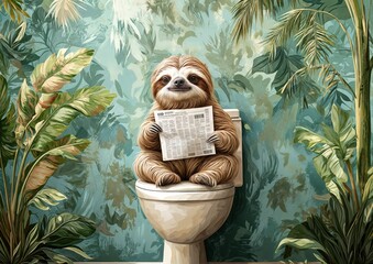 Cute sloth sitting on a toilet reading a newspaper in a jungle-themed bathroom, whimsical art