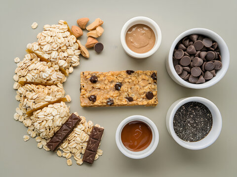 Barra de prote&iacute;na energ&eacute;tica est&aacute; hecha con avena arrollada, prote&iacute;na en polvo, mantequilla de almendras, chispas de chocolate y semillas de ch&iacute;a
