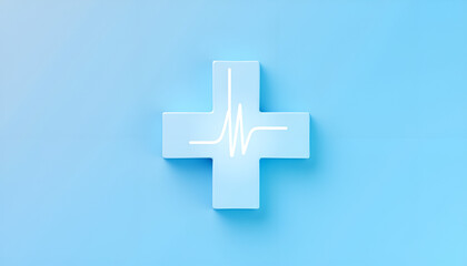 Obraz premium Medical cross with heartbeat line, clean design, on light blue background, health concept, copy space
