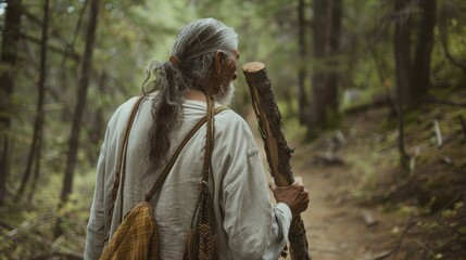Native American Elder Walking Through Forest Reflecting on Heritage for Native Americans Day Poster