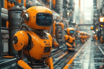 A row of yellow robots stand in a futuristic factory setting.