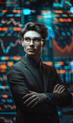Fototapeta premium professional confident businessman stands by screen with stock market data and charts, leadership, technology, and financial success concept, forex and cryptocurrency trading background