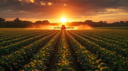A tractor sprays a field of crops at sunset, with the sun shining directly behind it.