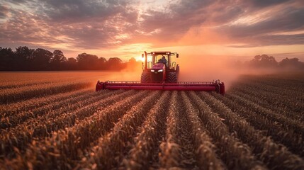 A red tractor plows a field at sunset, kicking up dust and leaving behind rows of freshly tilled soil.