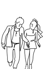 One continuous , of newlyweds holding hands taking pre-wedding	