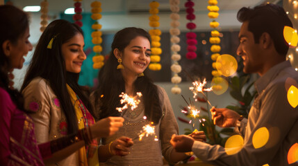 Diwali Celebration in Office with Sparklers and Gift Exchange Amidst Festive Decor