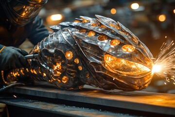 A welder uses a torch to create a detailed, intricate, metallic sculpture.