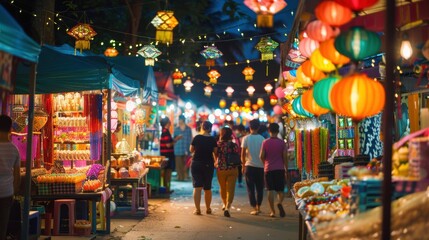 Naklejka premium Vibrant Deepavali Night Market with Lanterns and Traditional Sweets for Festive Celebration Designs