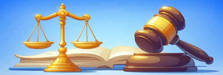 Cartoon Illustration of Scales of Justice on a Blue Background with  Pastel Colors  