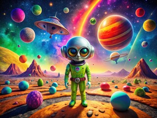 Naklejka premium Humorous Alien Encounter in a Colorful Space Landscape with Whimsical Expressions and Accessories