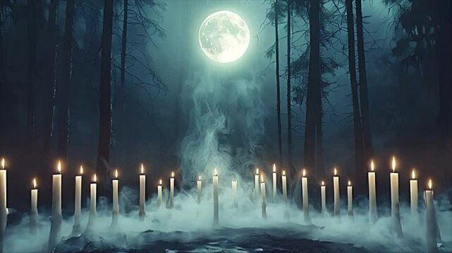 Burning candles slow motion against full moon background. Mysterious night scene. Mystical witch ritual, supernatural spiritual ritual, witchcraft, magic. 