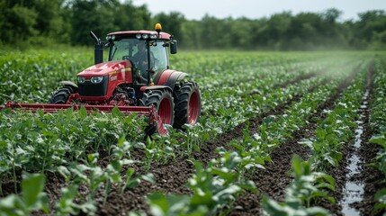 Fototapeta premium A red tractor cultivates a field of young plants, with rows of dirt and plants.