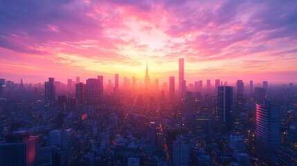 Fototapeta premium Sunset sky creating a dramatic backdrop for towering skyscrapers in city skyline wallpaper