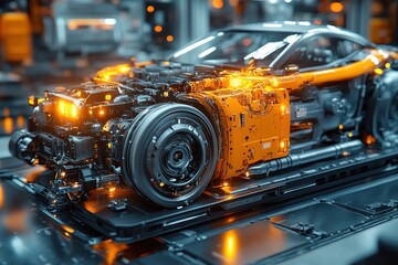 Fototapeta premium A futuristic sports car on a production line with glowing wires and circuitry, highlighting the advanced technology and design.