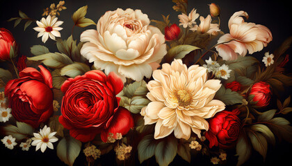 A Victorian-style floral arrangement featuring red and cream roses, peonies, and delicate daisies, set against a dark background, creating a rich and elegant contrast.