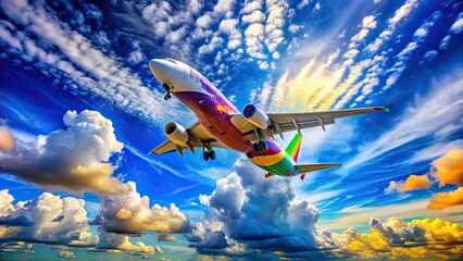 Naklejka premium Humorous Perspective of a Whimsical Airplane Flying Through a Bright Blue Sky with Fluffy Clouds