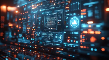 Fototapeta premium Futuristic digital interface with glowing blue and orange lights.