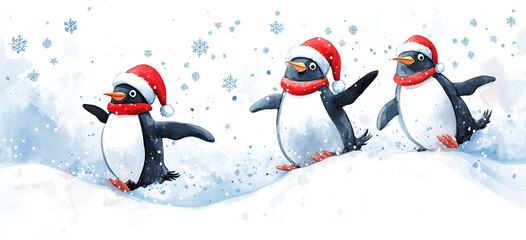 Fröhliche Pinguine auf Schneehügel – Weihnachtliche Aquarellkunst im Bannerformat